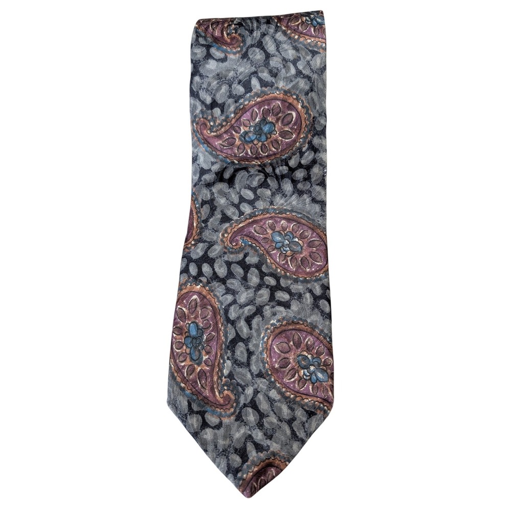 Vintage Ruff Hewn Silk Paisley Tie Gray Pink Purple Mens Retro Necktie